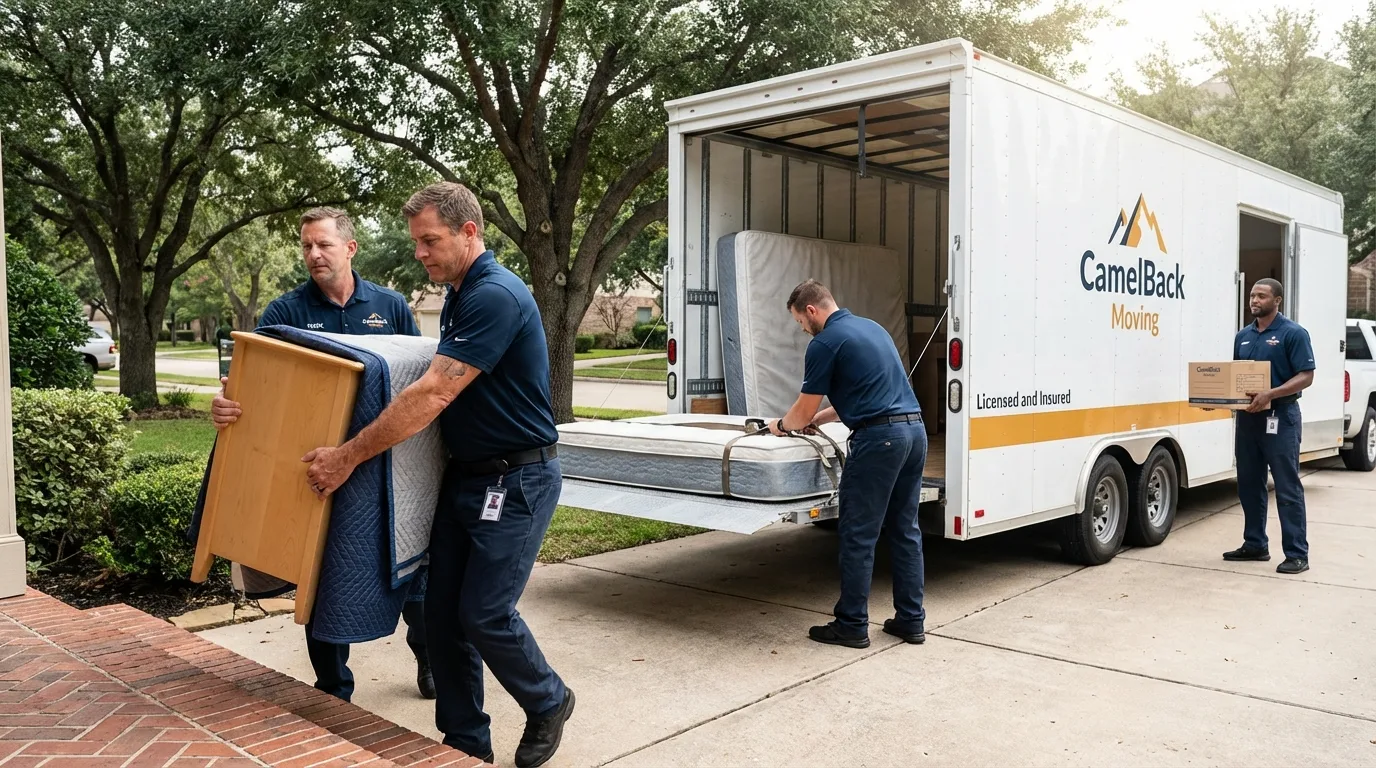 Crew loading residential truck for cross-state move from Weslaco, TX