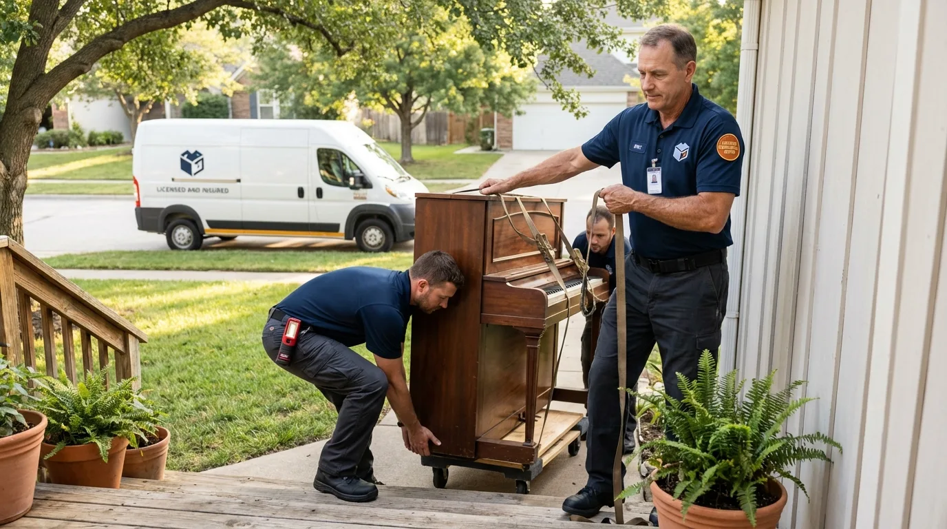 Licensed piano movers securing grand piano in Weslaco, TX
