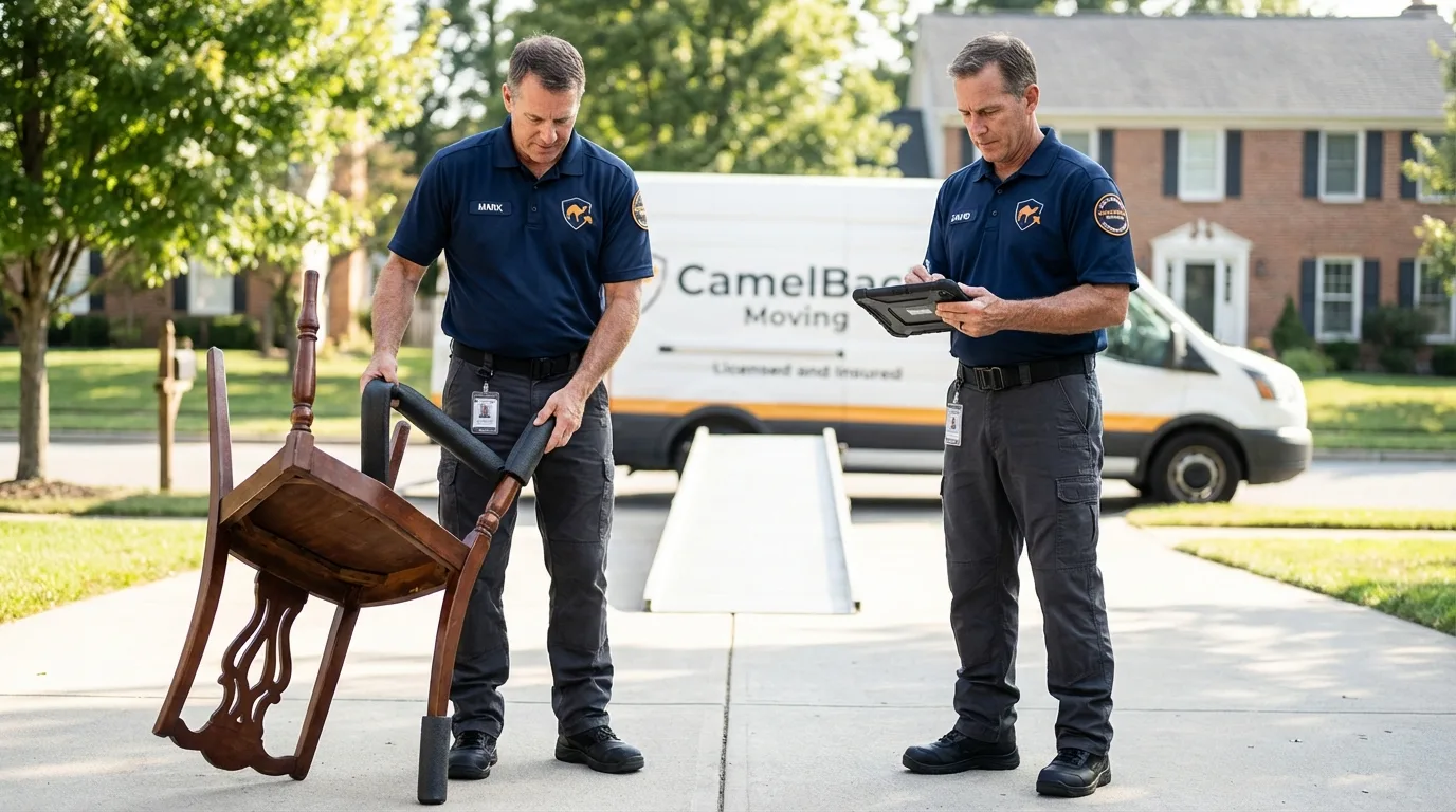 Movers inspecting furniture for damage prevention before loading in Weslaco, TX