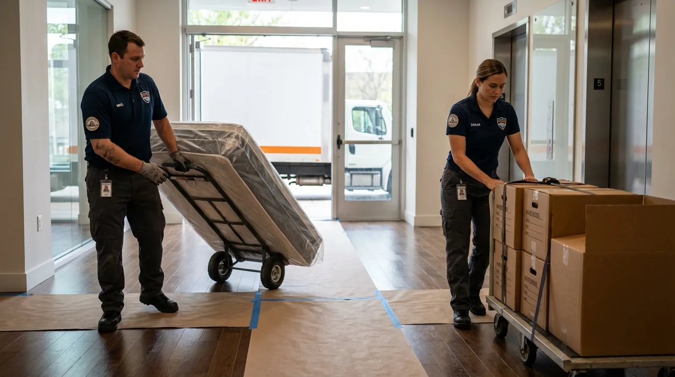 Professional apartment movers loading elevator in Weslaco, TX